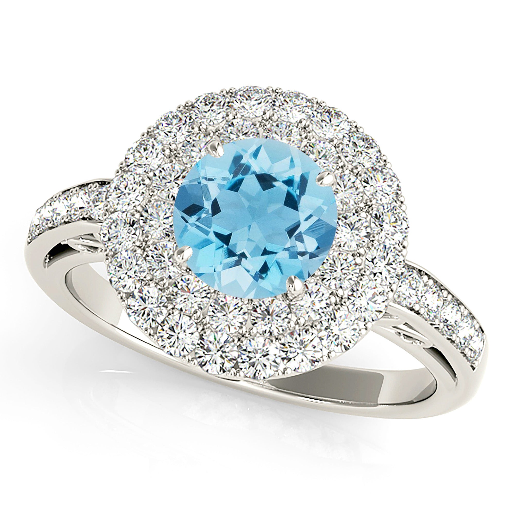 1.10 ct. Genuine Aquamarine Ring With 1.00 ctw. Diamond 3 D Halo And Fancy Hand Carved Diamond Band-VIRABYANI